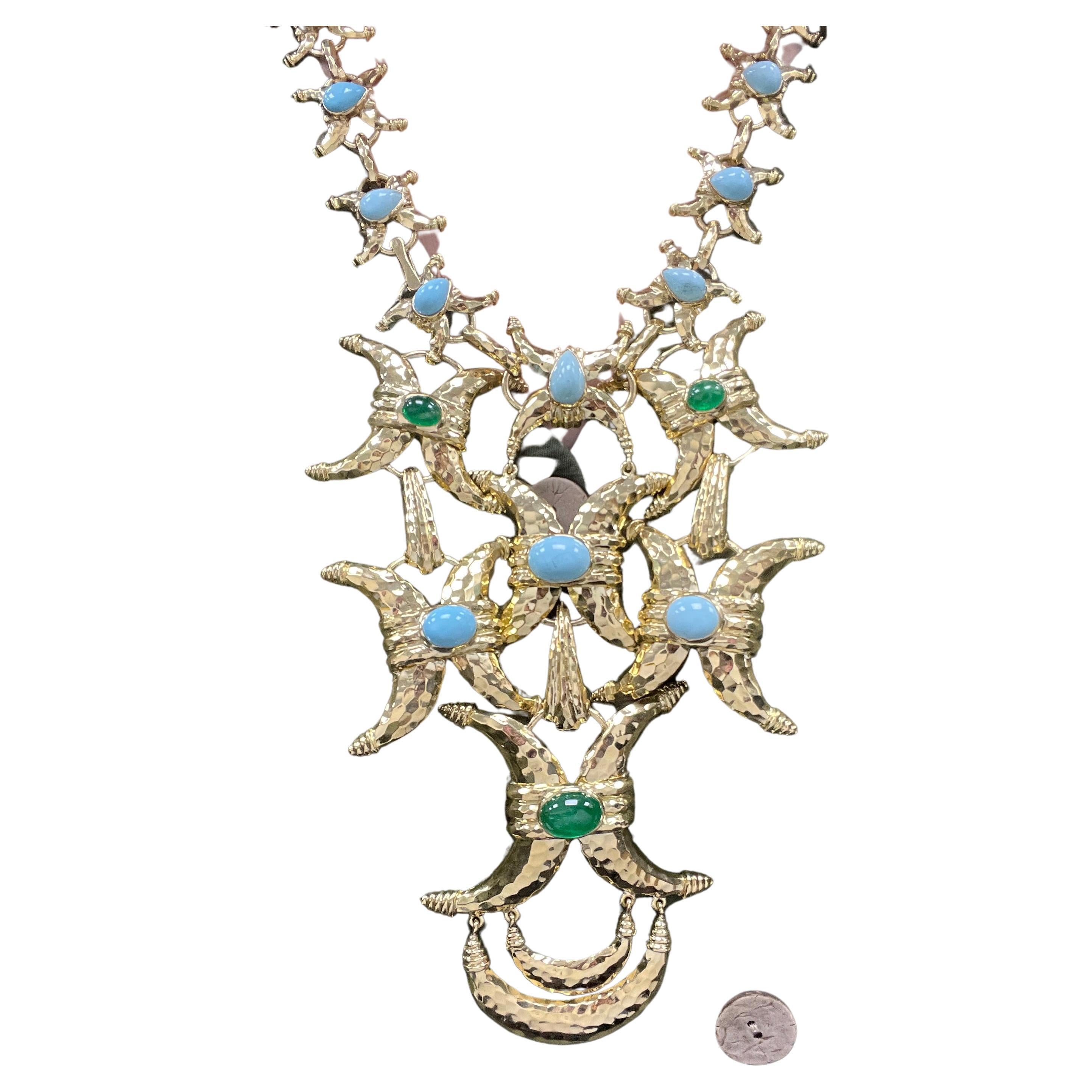 David Webb 18K Yellow Gold Turquoise Emerald Gold Crescent Necklace For Sale