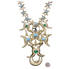 Retro David Webb 18K Yellow Gold Turquoise Emerald Gold Crescent Necklace