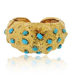 David Webb 18K Yellow Gold Turquoise Hammered Cuff Bracelet