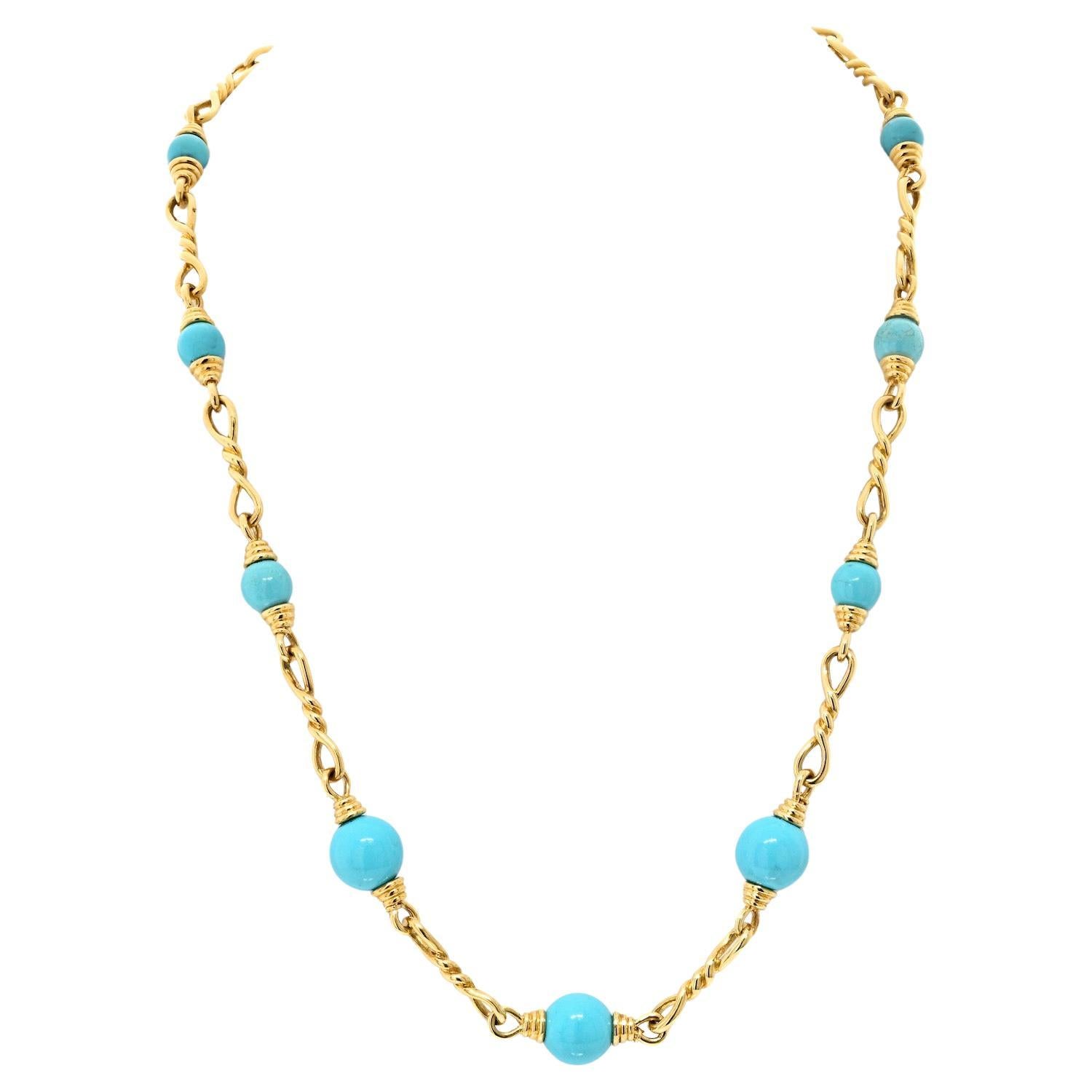 David Webb 18K Yellow Gold Turquoise Link Chain Necklace