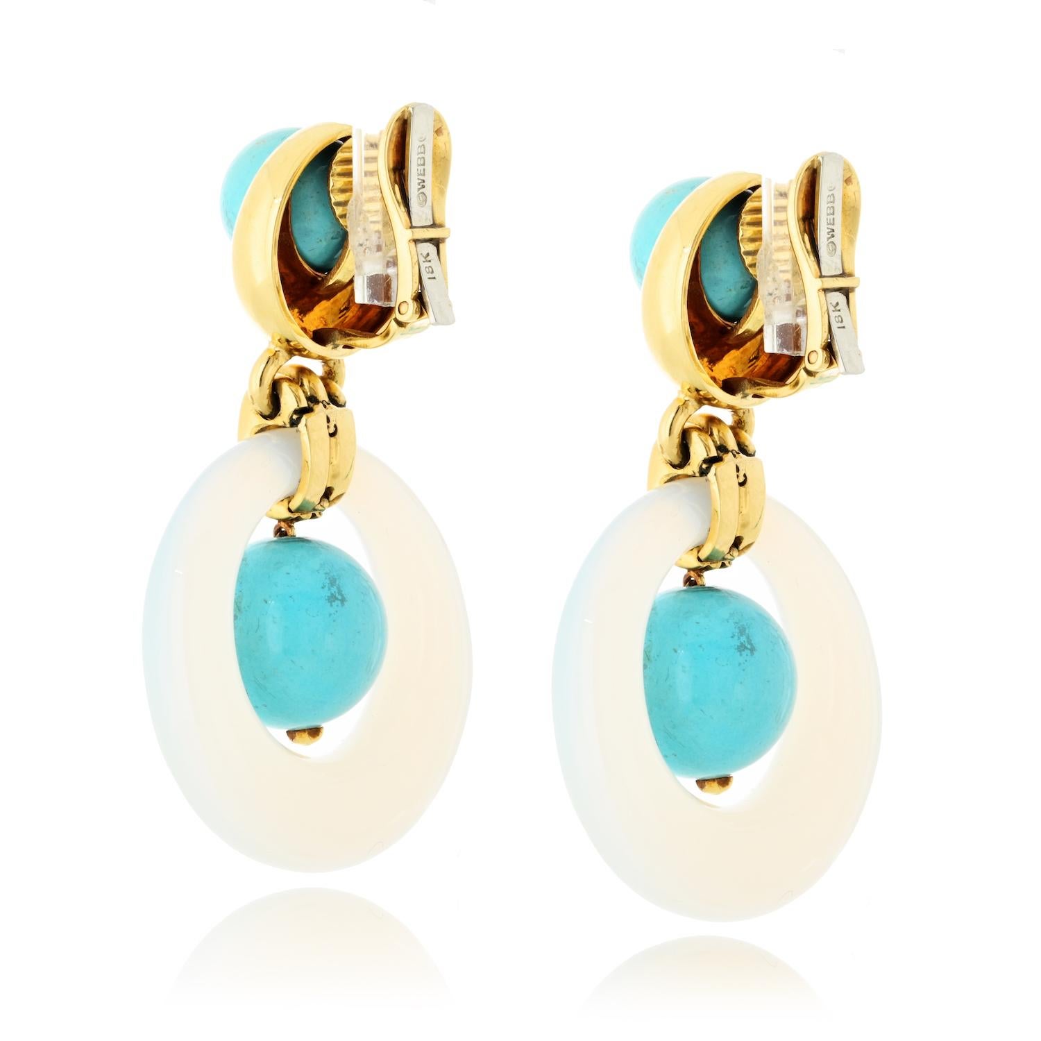 Modern David Webb 18K Yellow Gold Turquoise & White Jade Door Knocker Clip-On Earrings For Sale