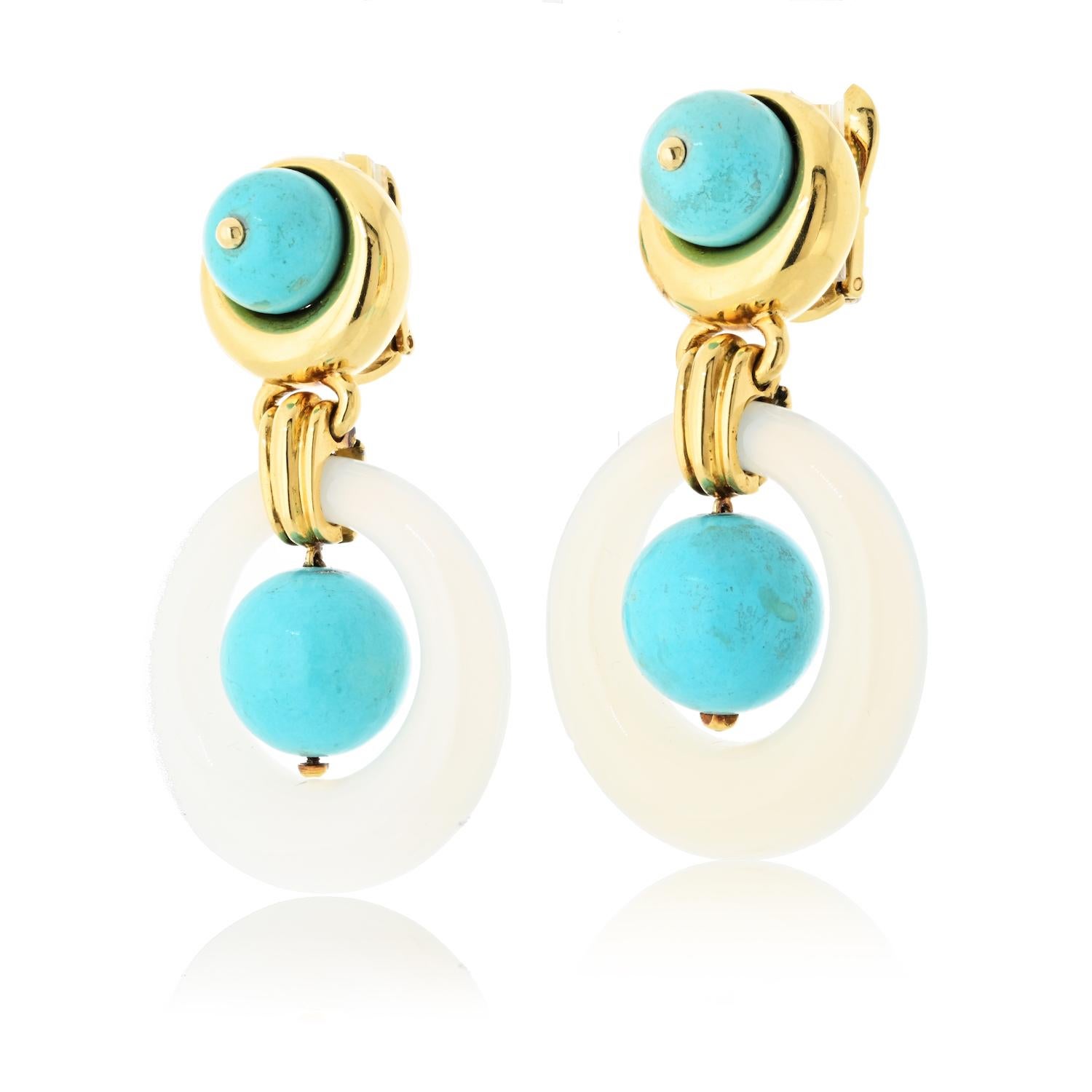 David Webb 18K Yellow Gold Turquoise & White Jade Door Knocker Clip-On Earrings In Excellent Condition For Sale In New York, NY