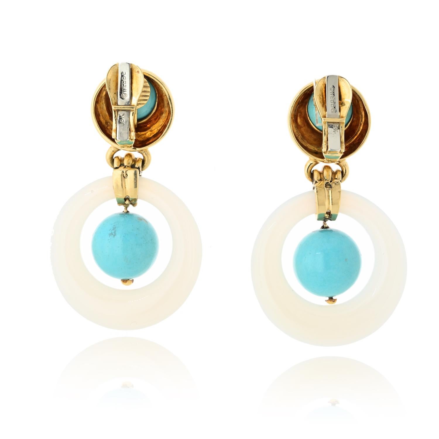 David Webb 18K Yellow Gold Turquoise & White Jade Door Knocker Clip-On Earrings For Sale 1