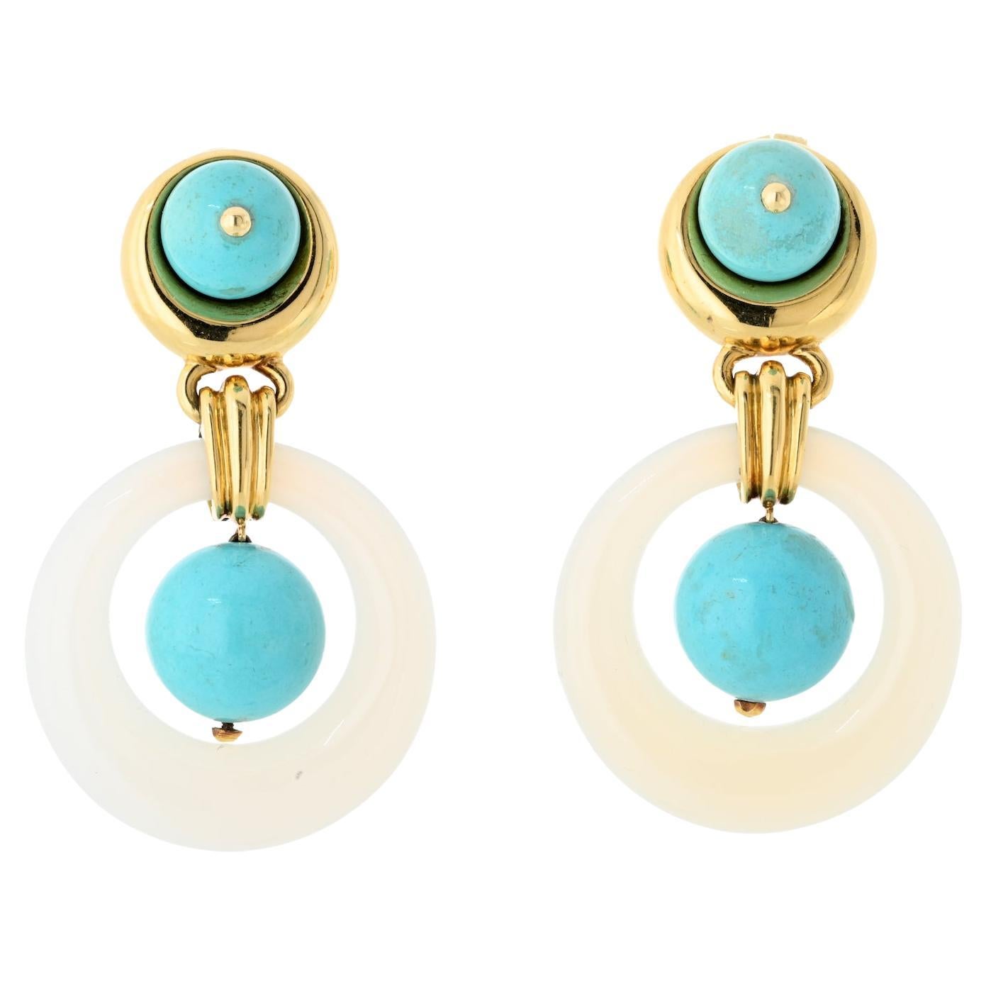 David Webb 18K Yellow Gold Turquoise & White Jade Door Knocker Clip-On Earrings