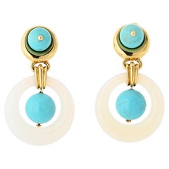 David Webb 18K Yellow Gold Turquoise & White Jade Door Knocker Clip-On Earrings