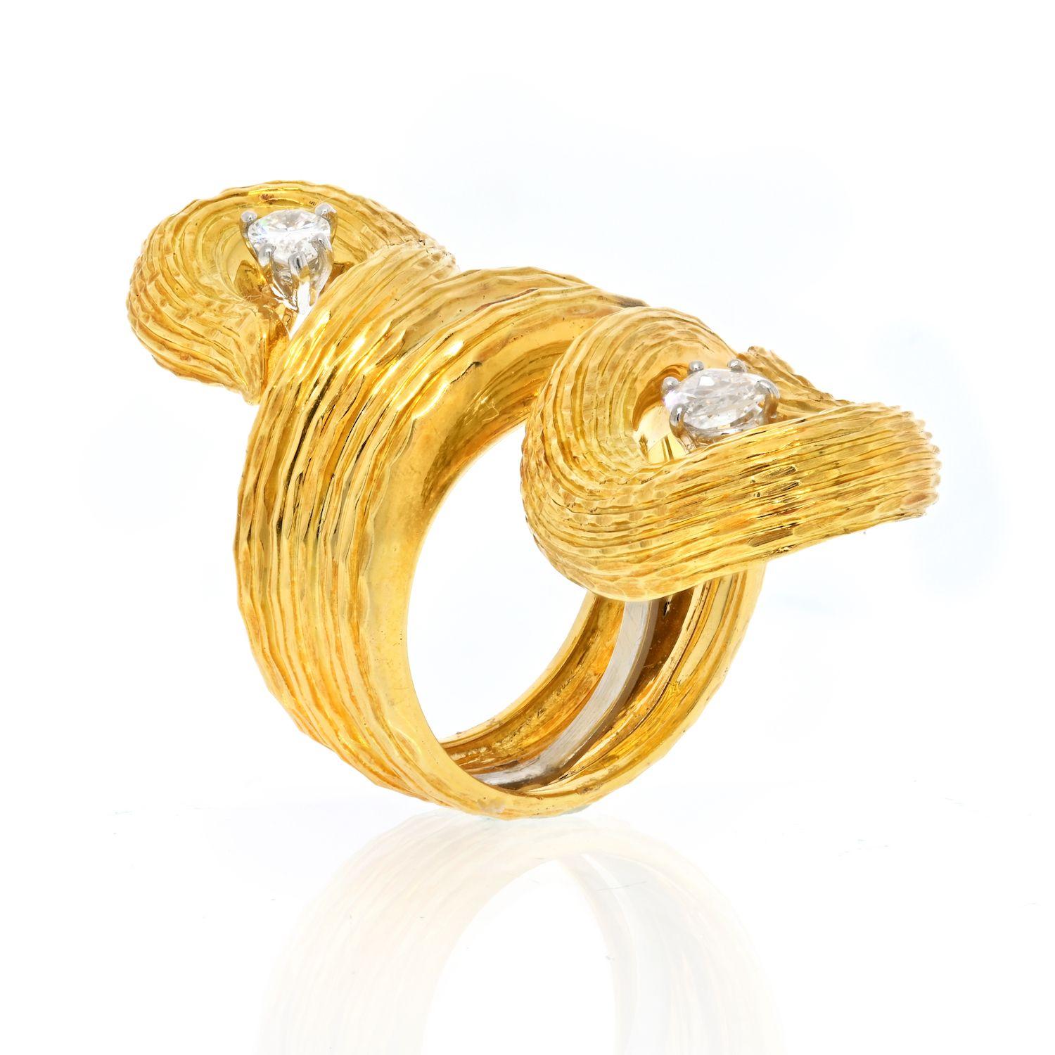 Modern David Webb 18K Yellow Gold Two Pear Cut Diamond by Pass Ring
