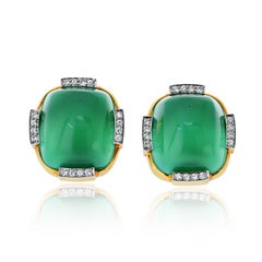 David Webb 18K Yellow Gold Vibrant Green Chrysoprase Diamond Earrings