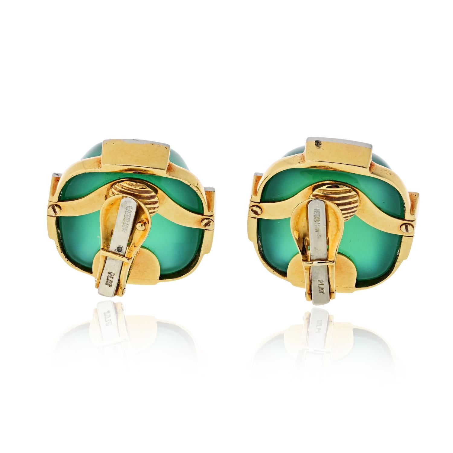 David Webb 18K Gelbgold Vibrant Green Chrysopras Diamant Ohrringe im Zustand „Hervorragend“ im Angebot in New York, NY