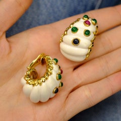 David Webb 18 Karat Yellow Gold White Coral Sapphire Ruby, Emerald Earrings