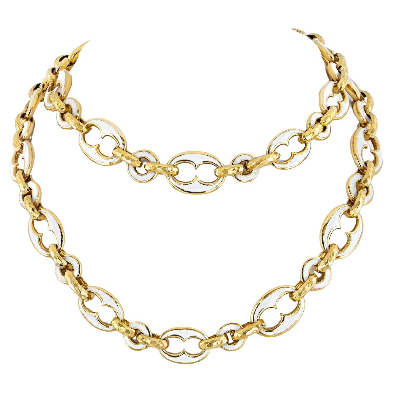 David Webb 18K Yellow Gold White Enamel 32 Inch Necklace