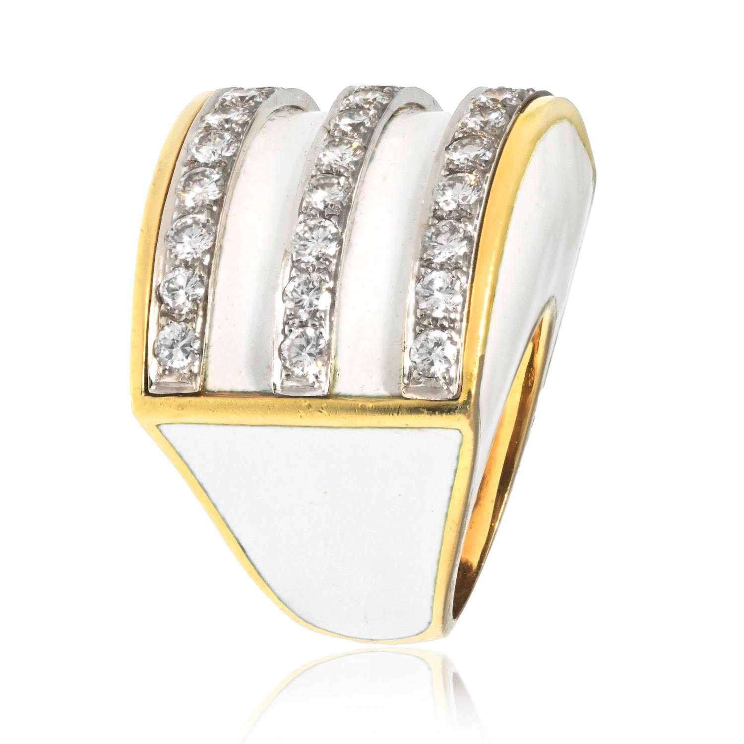 Modern David Webb 18K Yellow Gold, White Enamel And Diamond Cocktail Ring For Sale