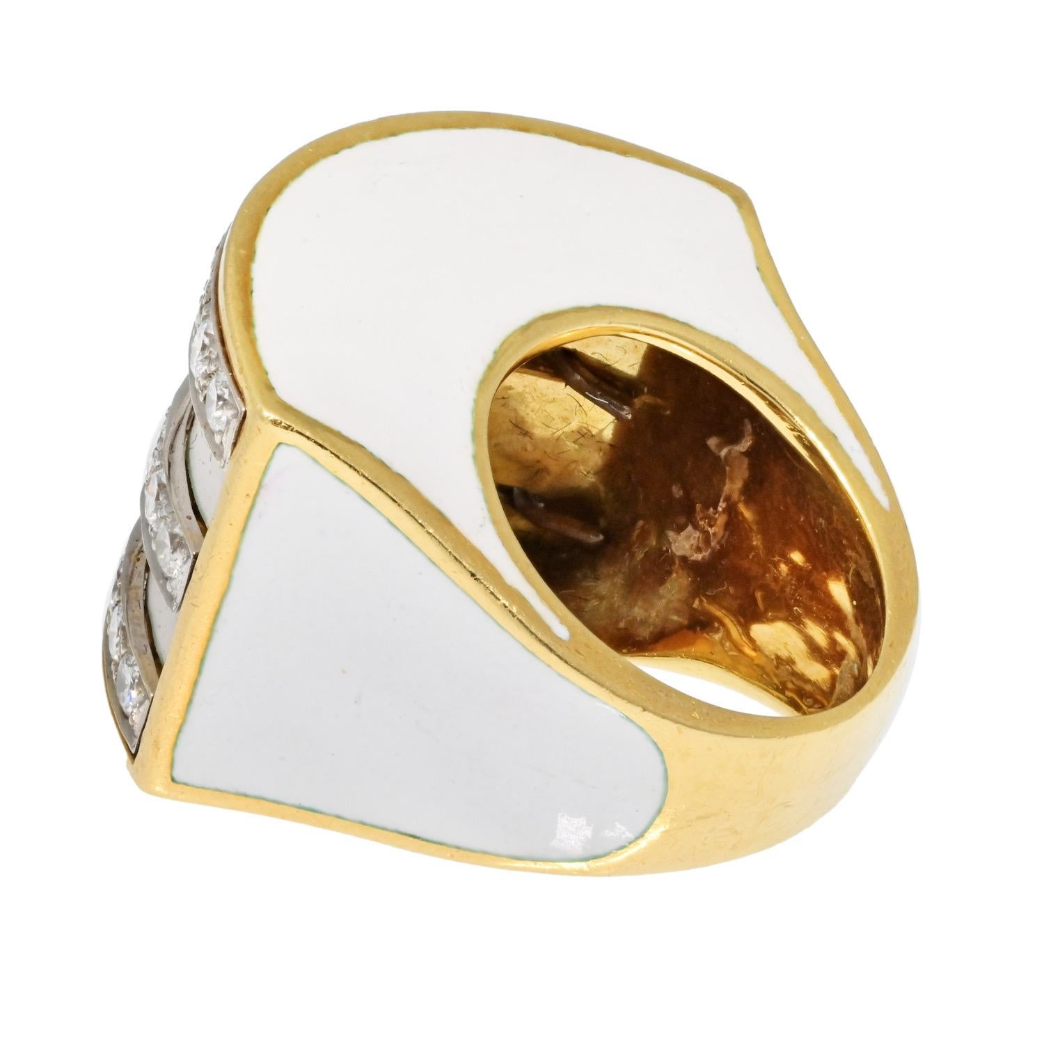Round Cut David Webb 18K Yellow Gold, White Enamel And Diamond Cocktail Ring For Sale