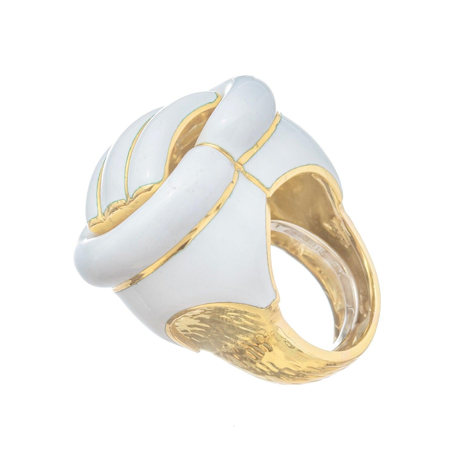 Modern David Webb 18k Yellow Gold White Enamel Buckle Ring For Sale