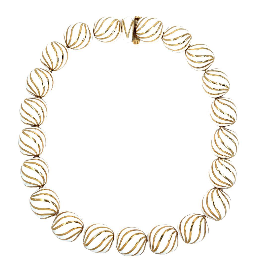 Modernist David Webb 18K Yellow Gold White Enamel Necklace For Sale