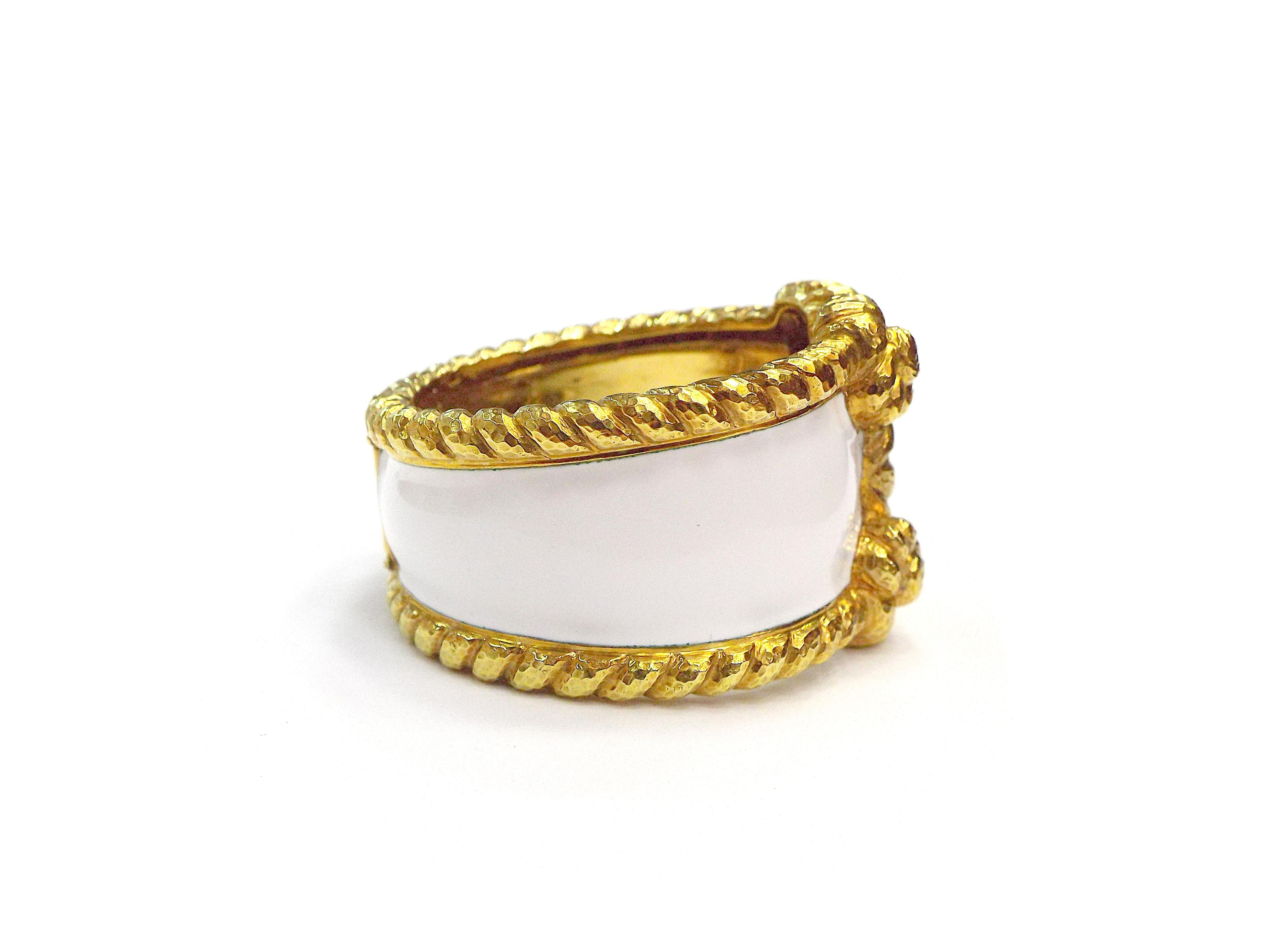 Women's David Webb 18K Yellow Gold White Enamel Cuff Bracelet