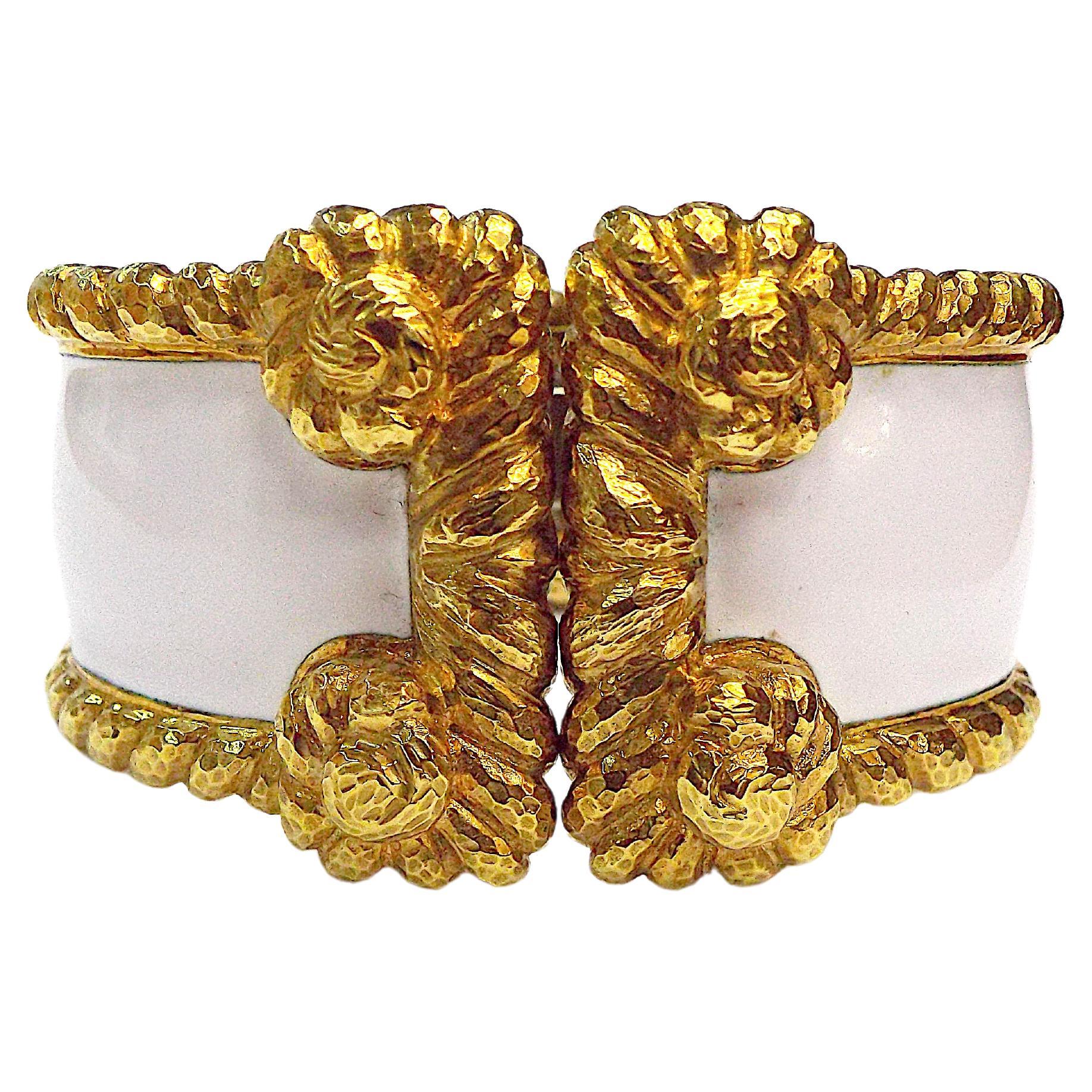 David Webb 18K Yellow Gold White Enamel Cuff Bracelet