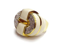 David Webb 18K Yellow Gold White Enamel Diamond Cocktail Ring