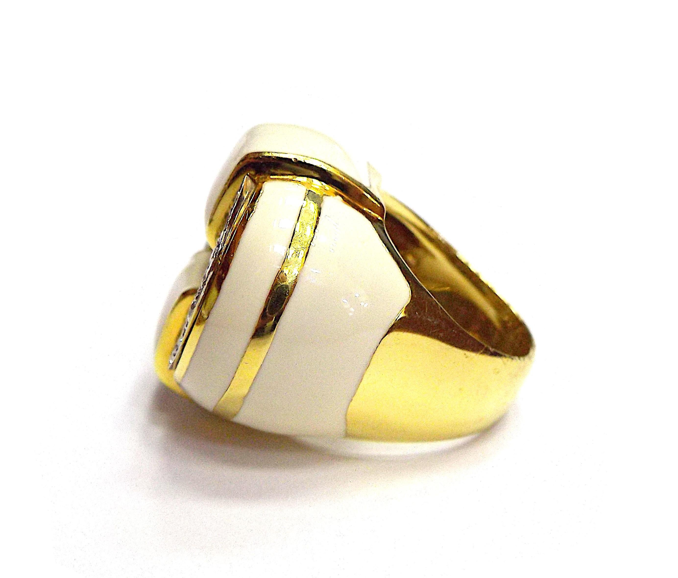 Round Cut David Webb 18K Yellow Gold White Enamel Diamond Cocktail Ring For Sale
