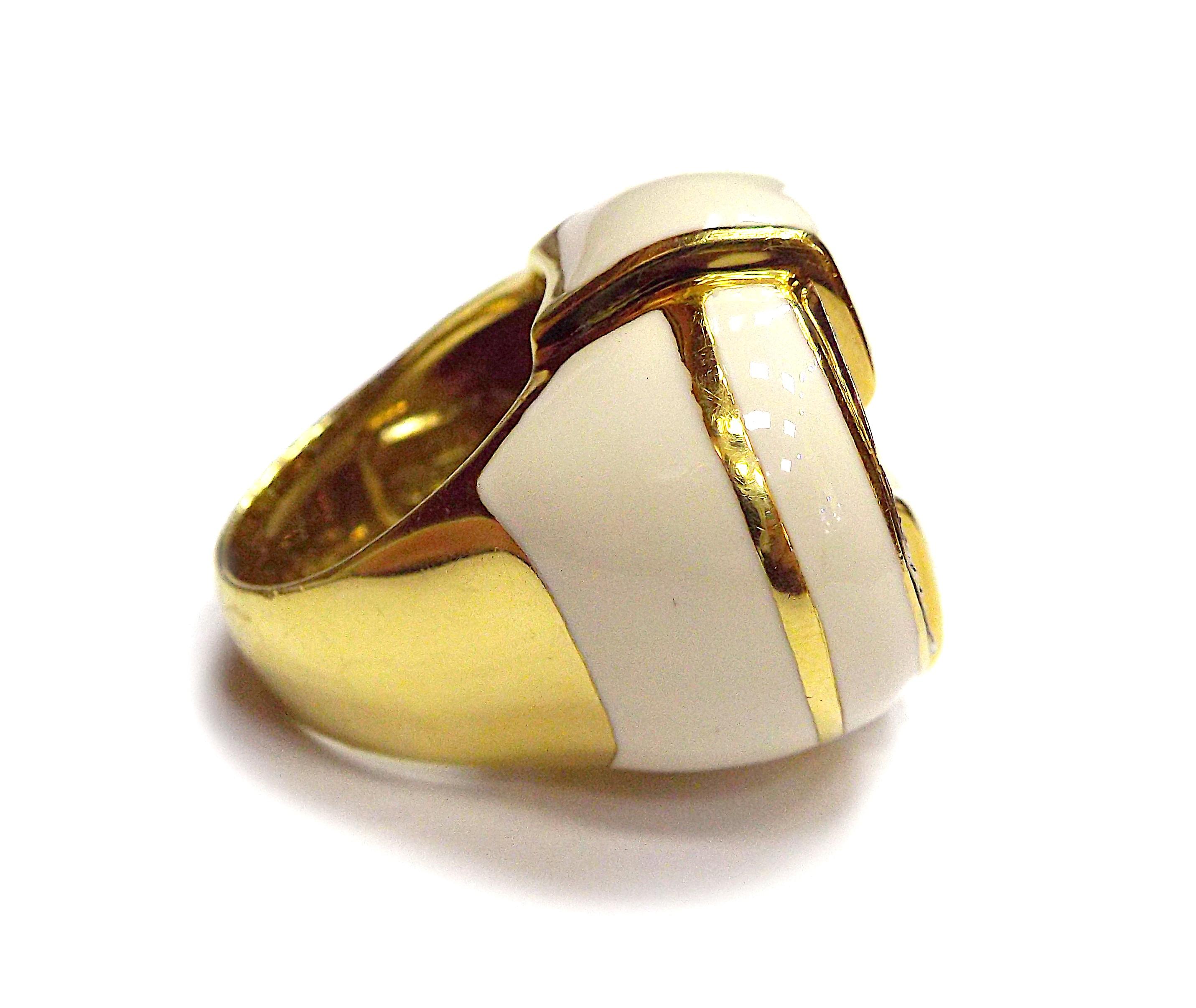 Women's David Webb 18K Yellow Gold White Enamel Diamond Cocktail Ring For Sale
