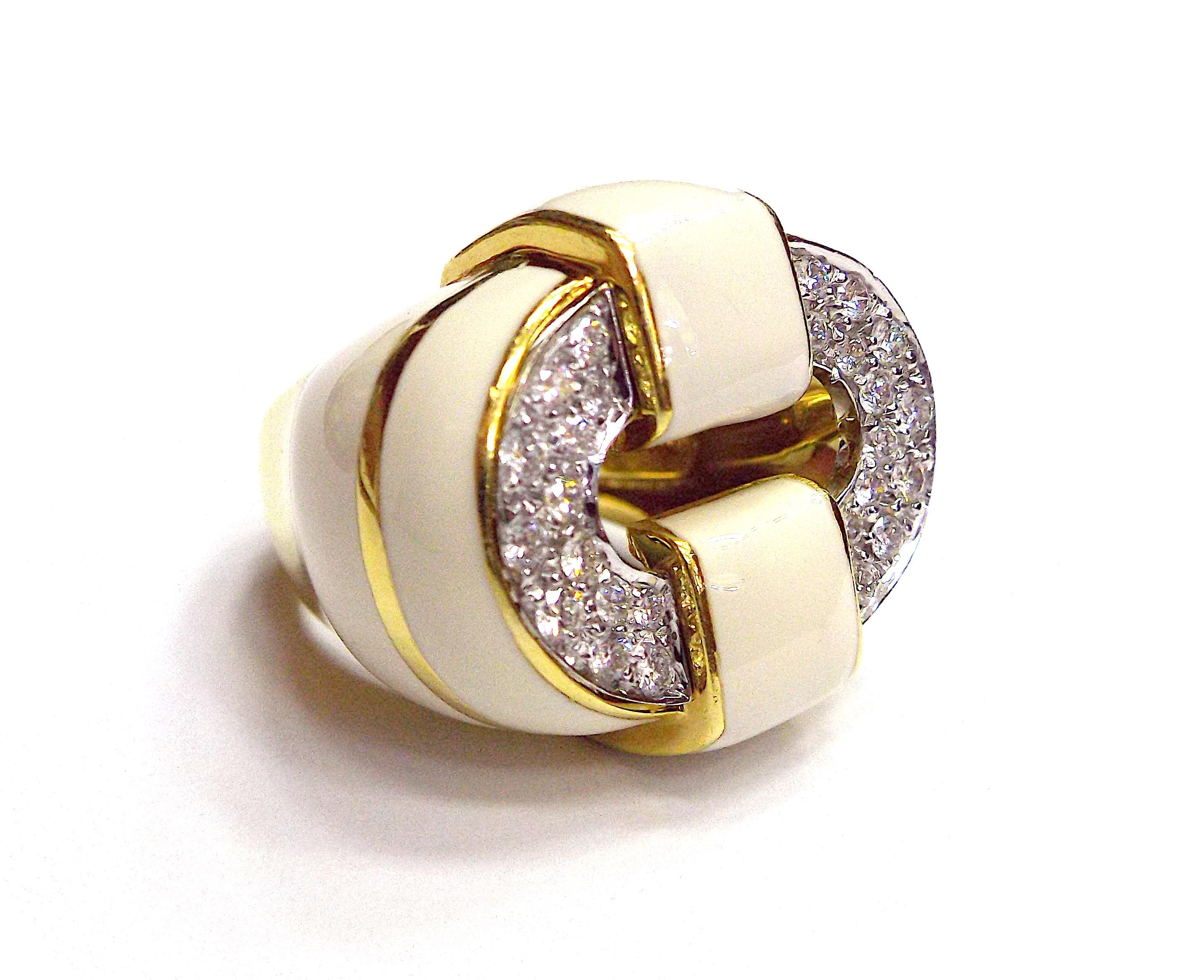 David Webb 18K Yellow Gold White Enamel Diamond Cocktail Ring For Sale 1