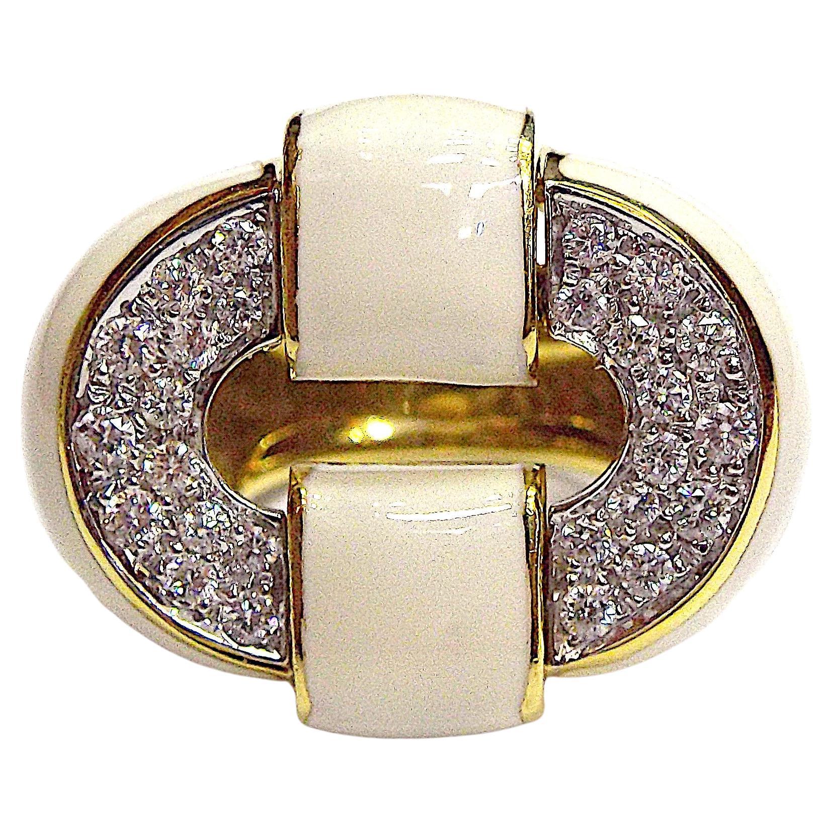 David Webb 18K Yellow Gold White Enamel Diamond Cocktail Ring For Sale