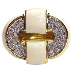 Vintage David Webb 18K Yellow Gold White Enamel Diamond Cocktail Ring