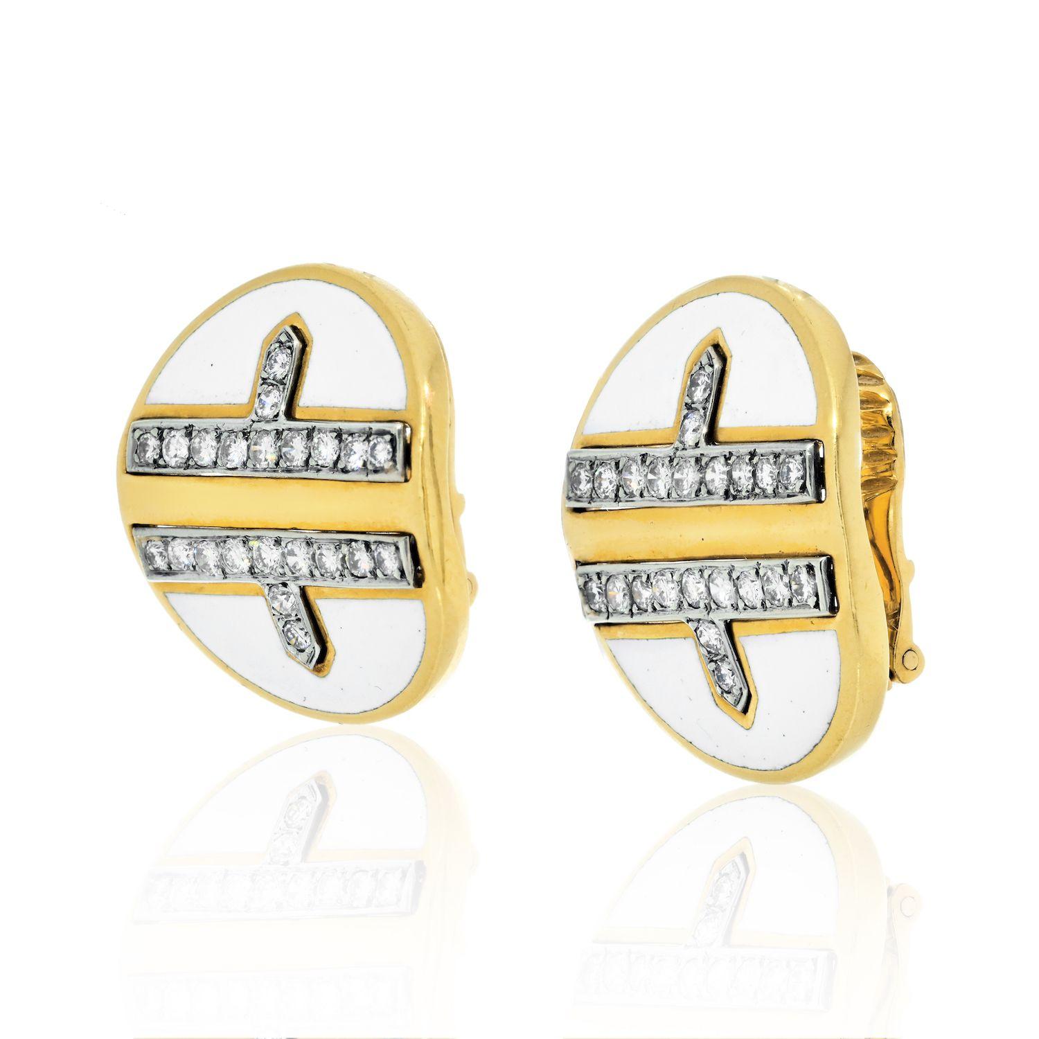 Women's David Webb 18K Yellow Gold White Enamel Diamond Metro Clip Earrings For Sale
