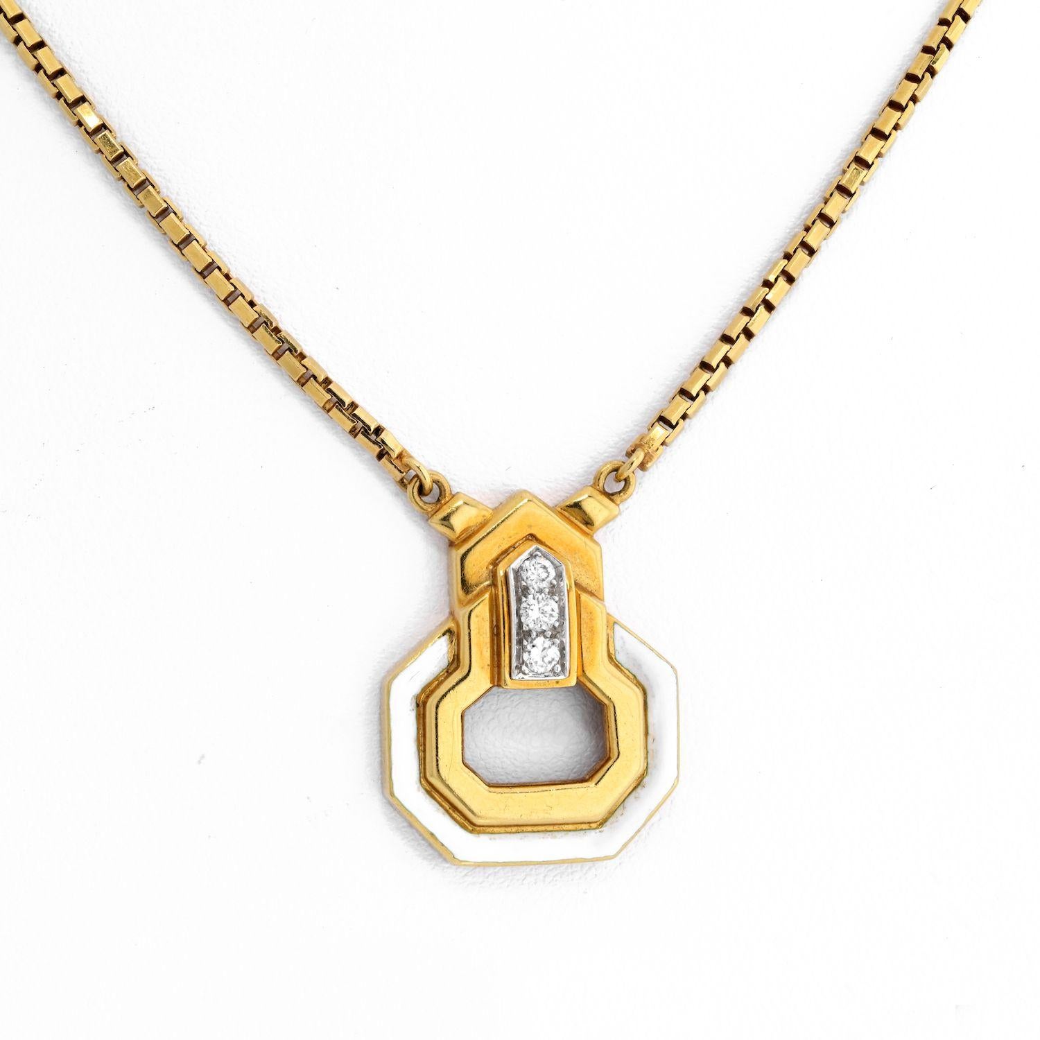 David Webb 18K Yellow Gold White Enamel, Diamond Necklace In Excellent Condition In New York, NY