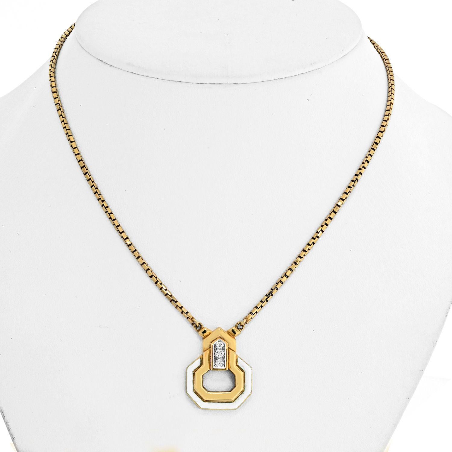 Women's or Men's David Webb 18K Yellow Gold White Enamel, Diamond Necklace