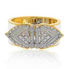 David Webb 18k Yellow Gold White Enamel Diamond Tips Vintage Cuff Bangle
