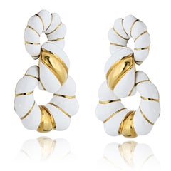 David Webb 18K Yellow Gold White Enamel Fluted Door Knocker Clip Earrings