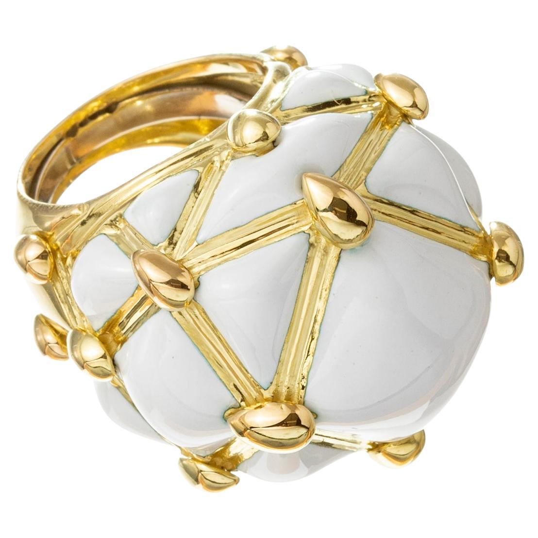 David Webb 18k Yellow Gold White Enamel Geodesic Dome Ring For Sale