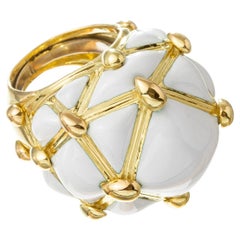 David Webb 18k Yellow Gold White Enamel Geodesic Dome Ring