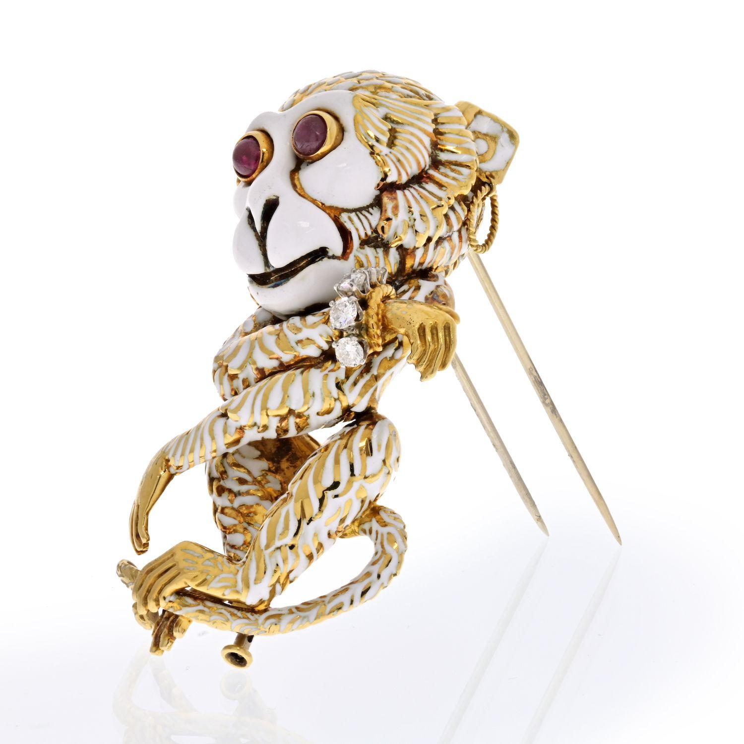 Since 1948, David Webb has carried forward a rich tradition of design, craftsmanship and creativity as an ICONIC American jewelry house.

David Webb Monkey with ruby cabochon eyes wearing gold hoop earrings and a diamond bracelet. 

Length