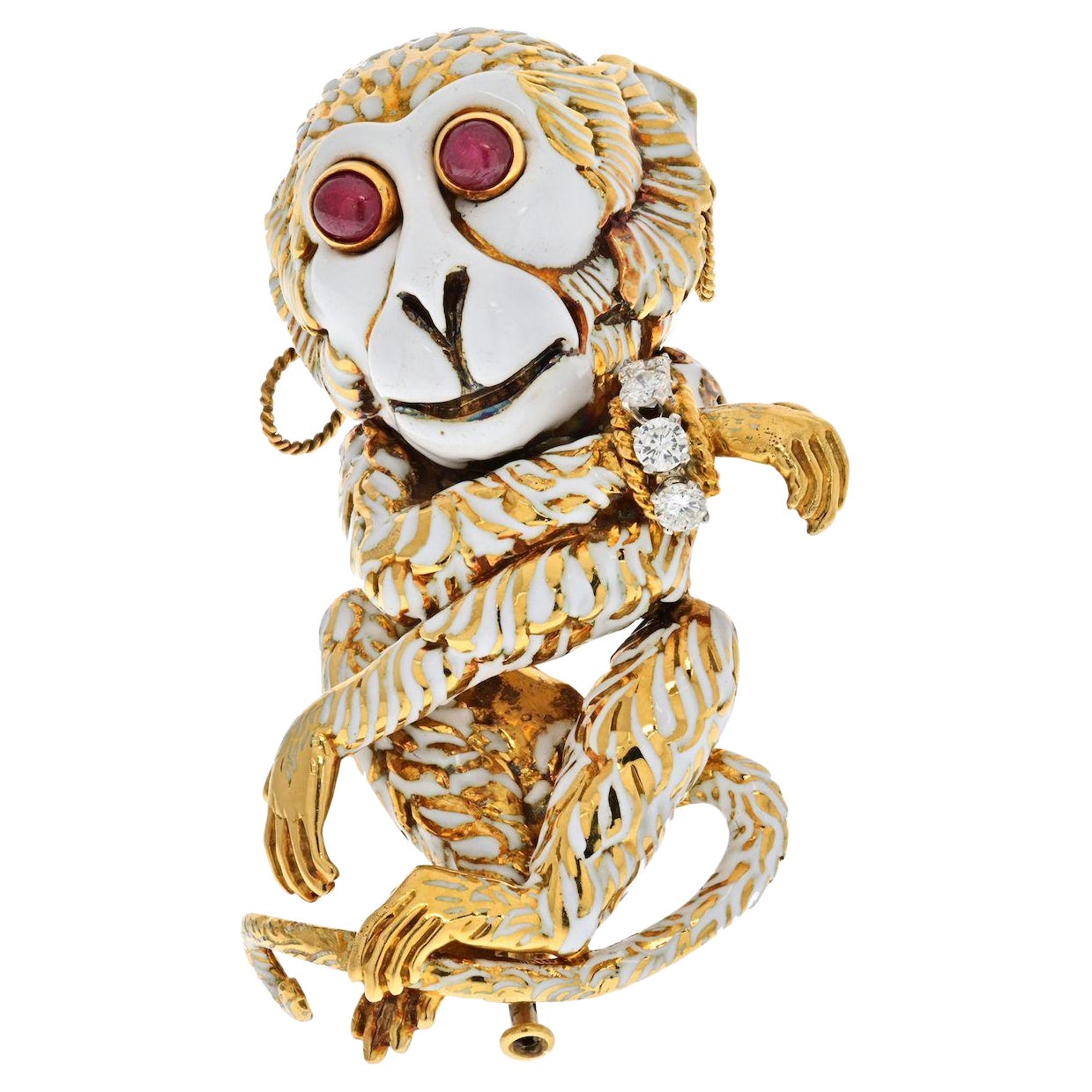 Broche de mono gitano David Webb de oro amarillo de 18 quilates y esmalte blanco