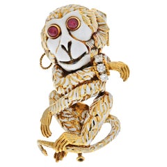David Webb 18K Yellow Gold White Enamel Gypsy Monkey Brooch