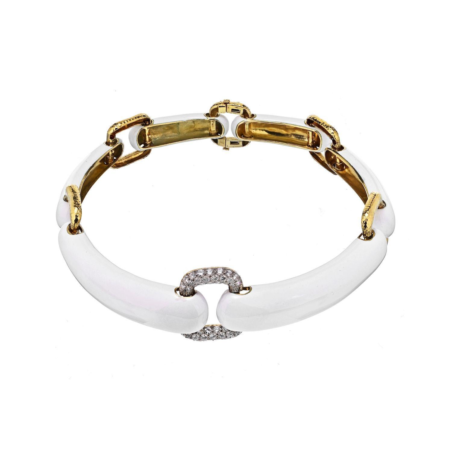 Modern David Webb 18K Yellow Gold White Enamel Pave Diamond Collar Necklace For Sale