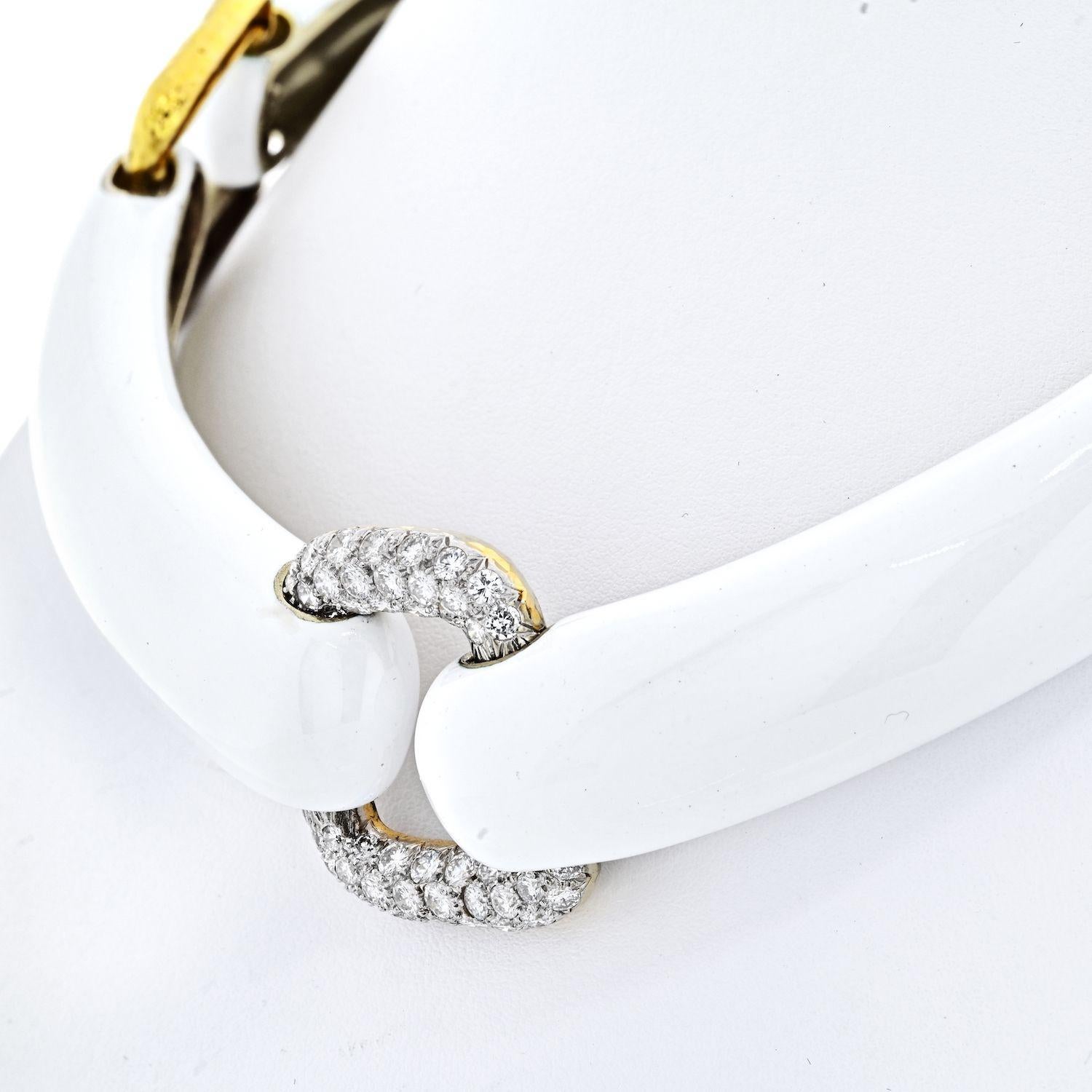 David Webb 18K Yellow Gold White Enamel Pave Diamond Collar Necklace In Excellent Condition For Sale In New York, NY