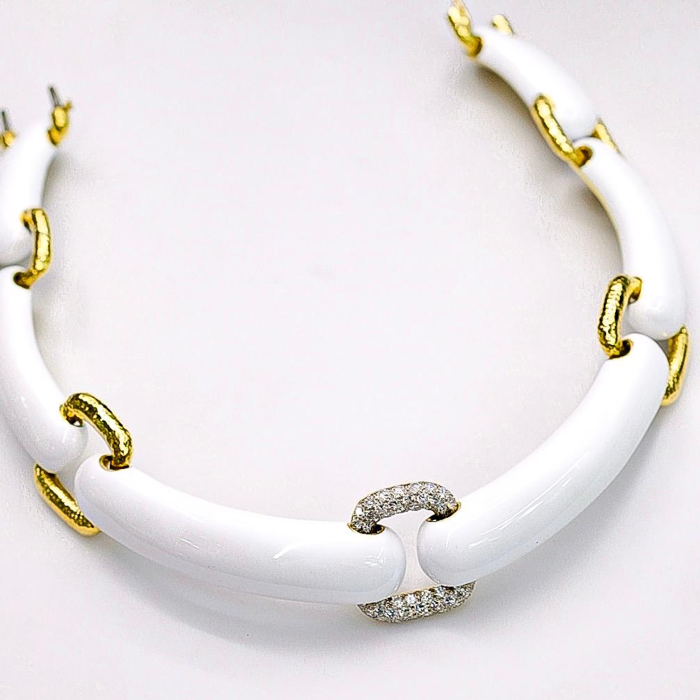 David Webb 18K Yellow Gold White Enamel Pave Diamond Collar Necklace For Sale 2