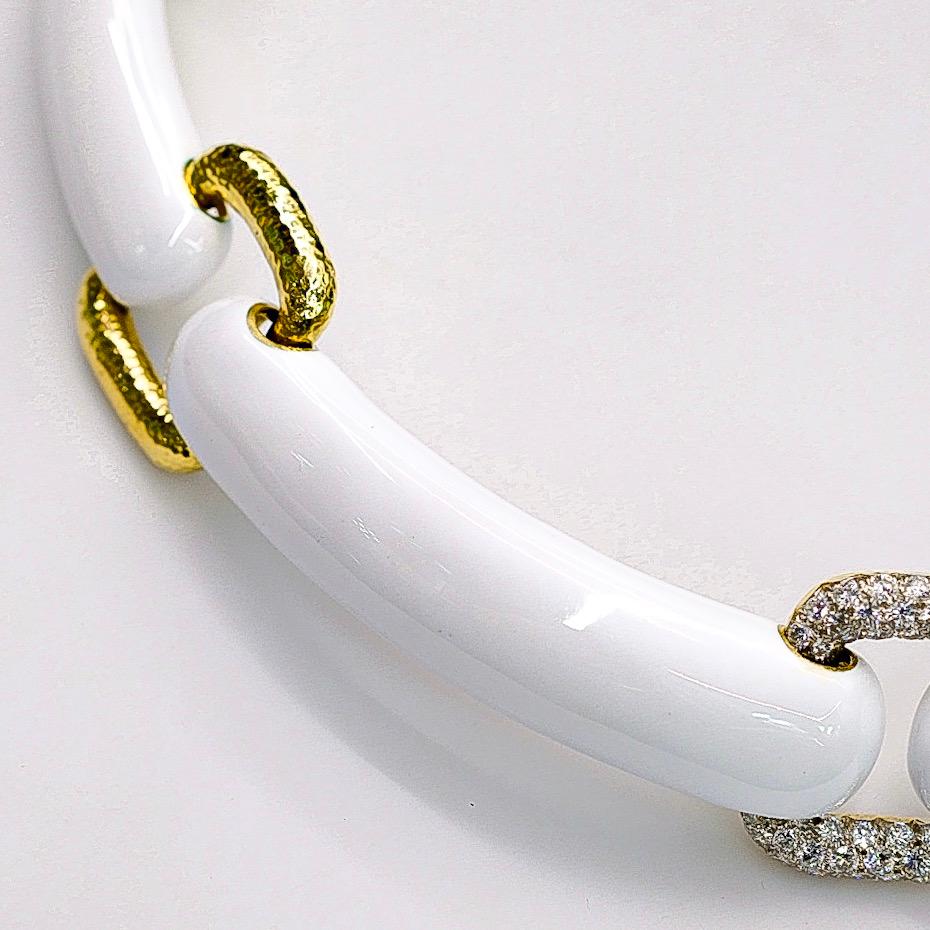David Webb 18K Yellow Gold White Enamel Pave Diamond Collar Necklace For Sale 3