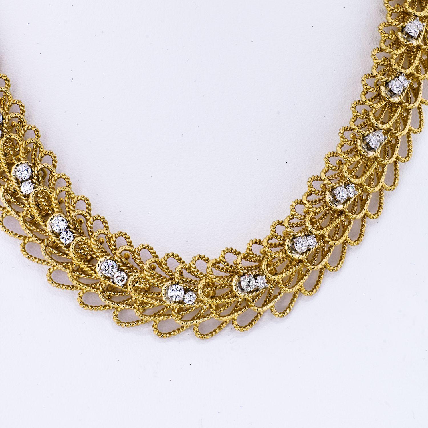 The artistry and inspiration of David Webb never cease! This necklace is a delicate creation, forged of twisted golden ropes, woven together in a braided pattern and decorated with round cut diamonds. The diamonds are set in platinum and weigh a