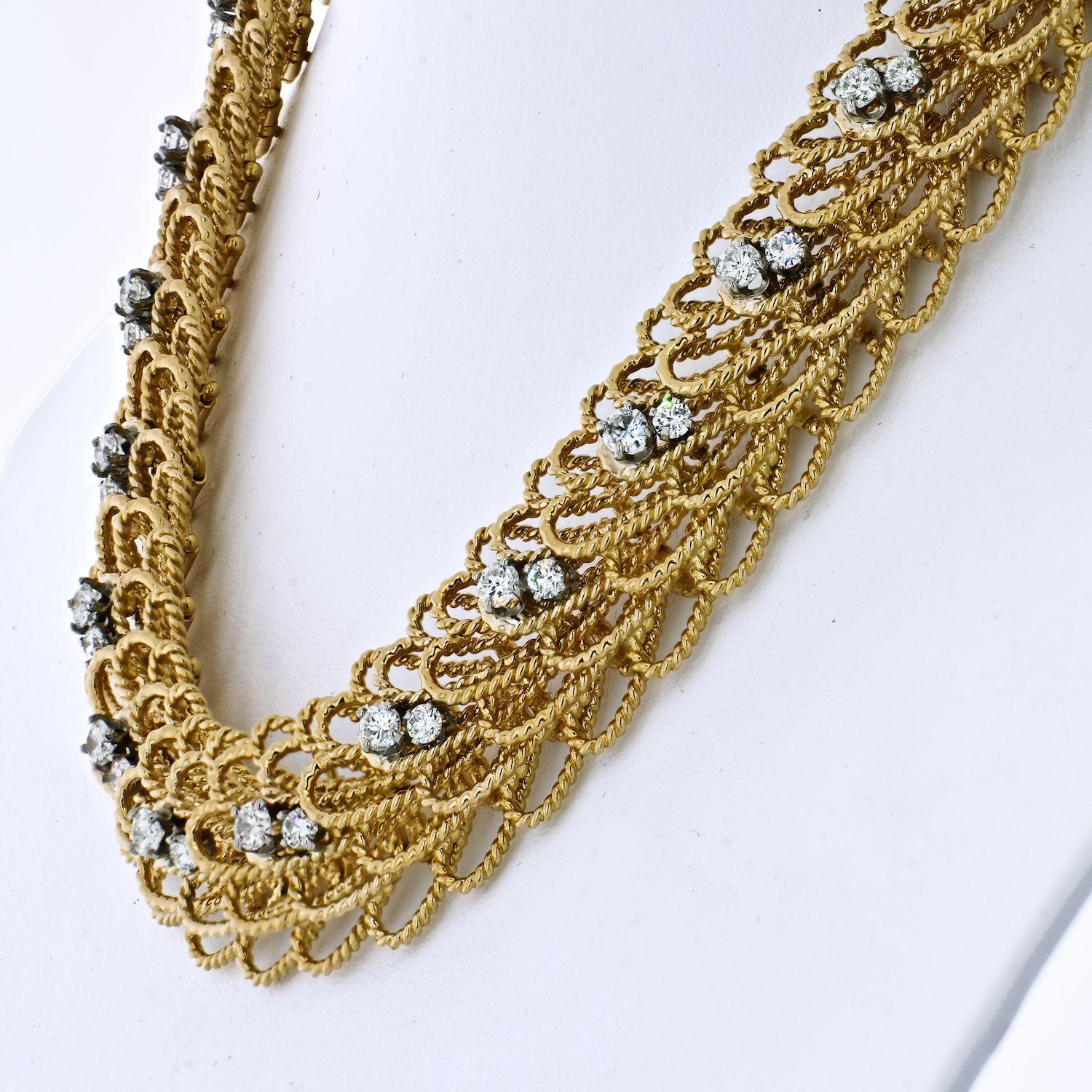 Modern David Webb 18k Yellow Gold Woven Twisted Diamond Necklace
