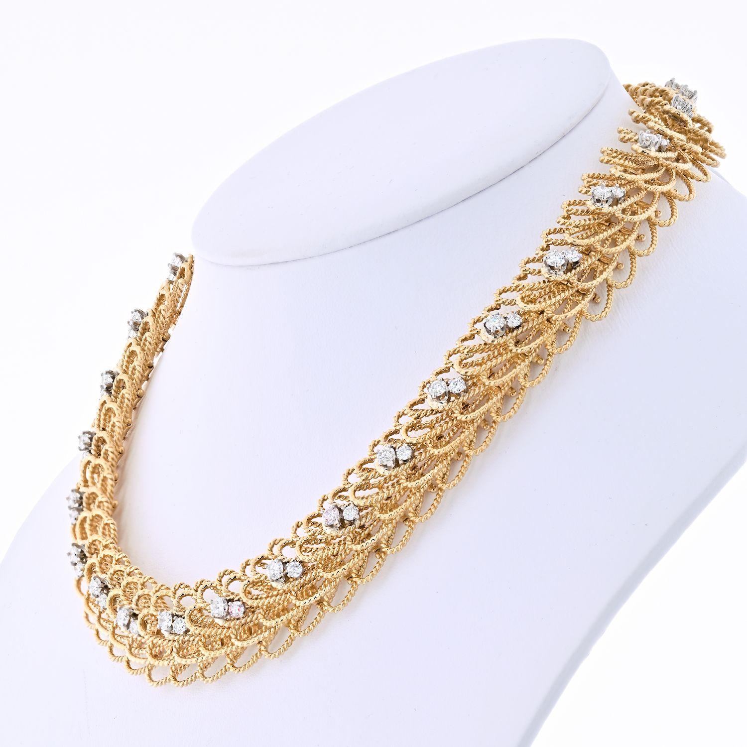Round Cut David Webb 18k Yellow Gold Woven Twisted Diamond Necklace