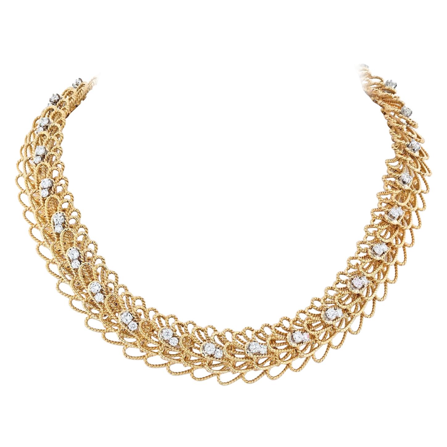 David Webb 18k Yellow Gold Woven Twisted Diamond Necklace