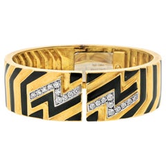 David Webb 18K Yellow Gold Zig Zag Diamond And Black Enamel Bangle Bracelet