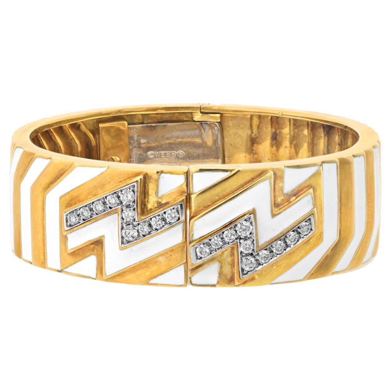 David Webb 18K Yellow Gold Zig Zag Diamond Bangle Bracelet