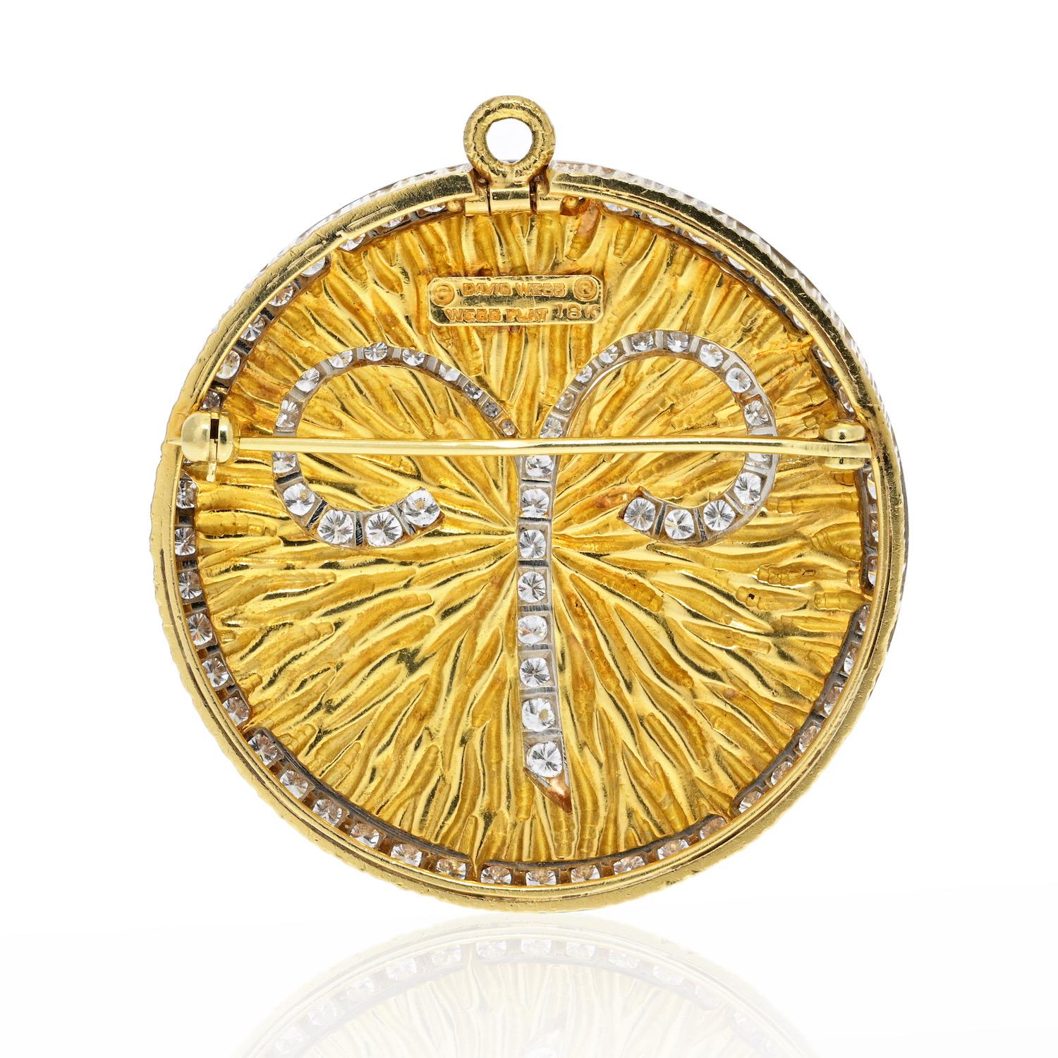 Modern David Webb 18K Yellow Gold Zodiac Aries Large Pendant Brooch For Sale