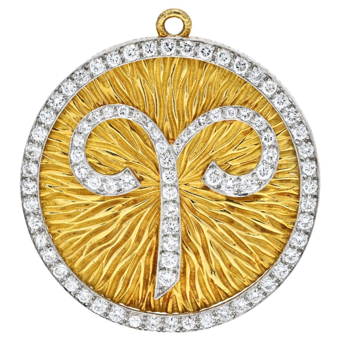 David Webb 18K Yellow Gold Zodiac Aries Large Pendant Brooch For Sale