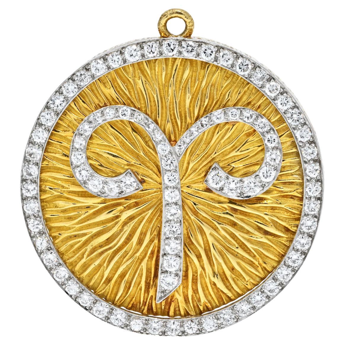 David Webb 18K Yellow Gold Zodiac Aries Large Pendant Brooch