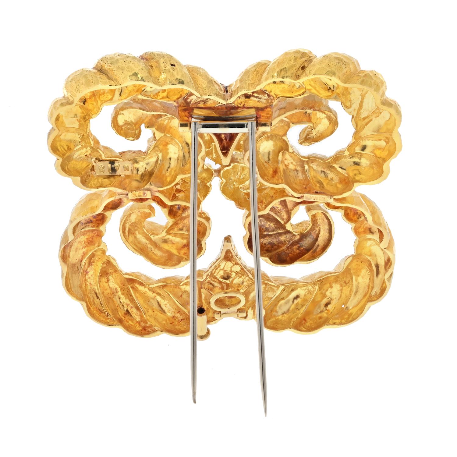 David Webb 18K Gelb Textured Gold Klee Stil Openwork Brosche Pin Damen im Angebot